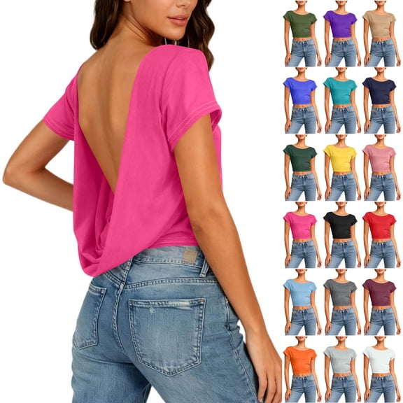 Felirenzacia Women's Backless Draped Top Short Sleeve Open Back Tee Tops Hot Pink,L