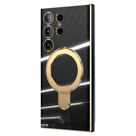 ELEHOLD for Samsung Galaxy S24 Ultra Plating Magnetic Case Slim Thin Shockproof with Metal Ring Holder Folding Kickstand All-Inclusive Lens Protection Mag Safe Compatible Protective Cover,black