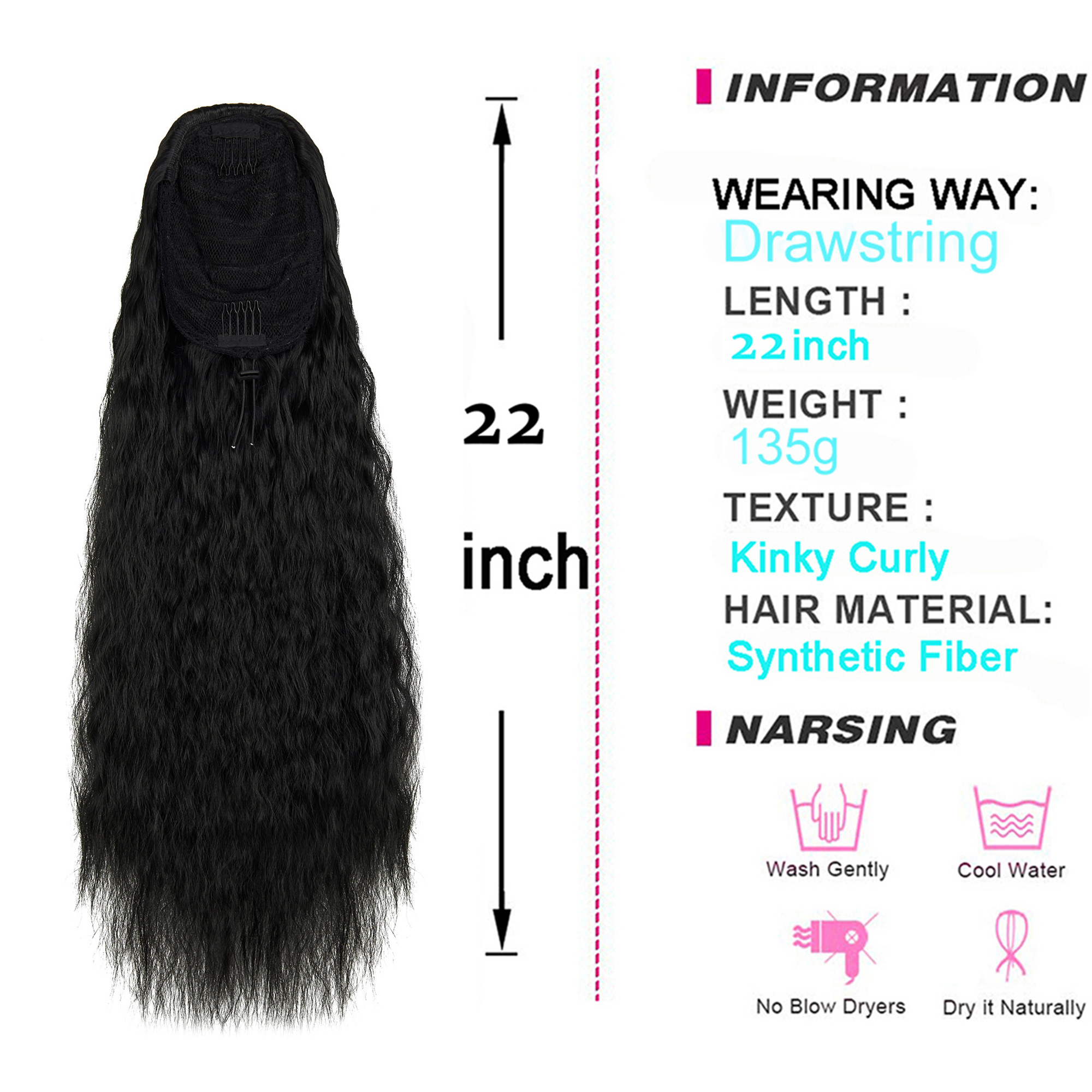 Long KiSAYFUTy Straight Drawstring Ponytail for Black Women, Curly Hair 24 Inch 130g Clip in Ponytail Extension Curly Drawstring Ponytail - image 4 of 8