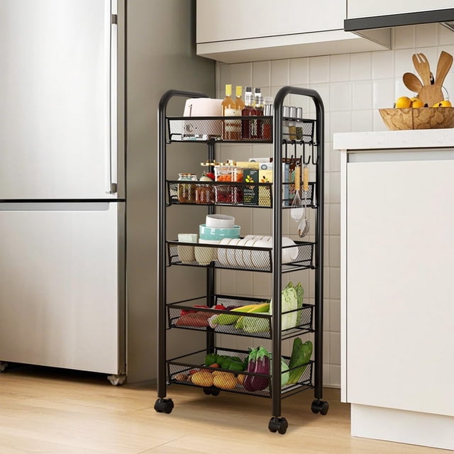 BeesClover 5 Tier Rolling Cart Storage Vegetable Rack, Metal Slim Storage Trolley on Wheels, Beauty Fruit Drinks Trolley with 4 Hooks, Mesh Basket Narrow Shelf Unit for Kitchen Bathroom Office,Black
