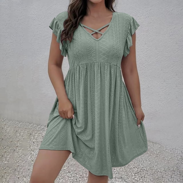 WMTBSRSW Offres Prime Day Grande Taille Robe d'Été pour Femmes 2025 Robe à Manches Courtes à Volants Couleur Unie Texture Croisée Col en V