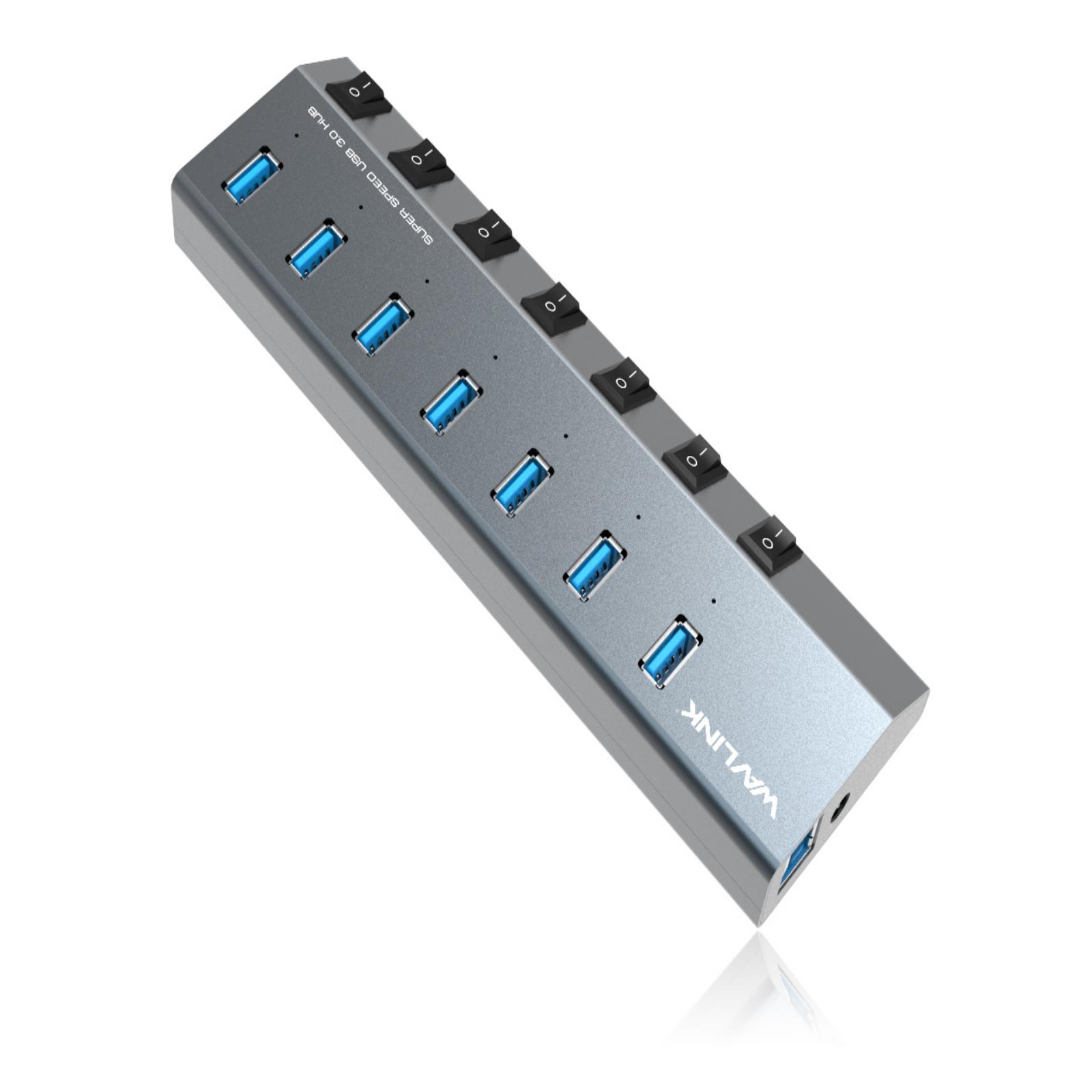 7-Port USB 3.0 Superspeed Hub with 48W Power Adapter, On/Off Switches with BC 1.2 Charging Support for Macbook, iPad, iPhone, Laptops, Tablets, Mobile HDD and more
