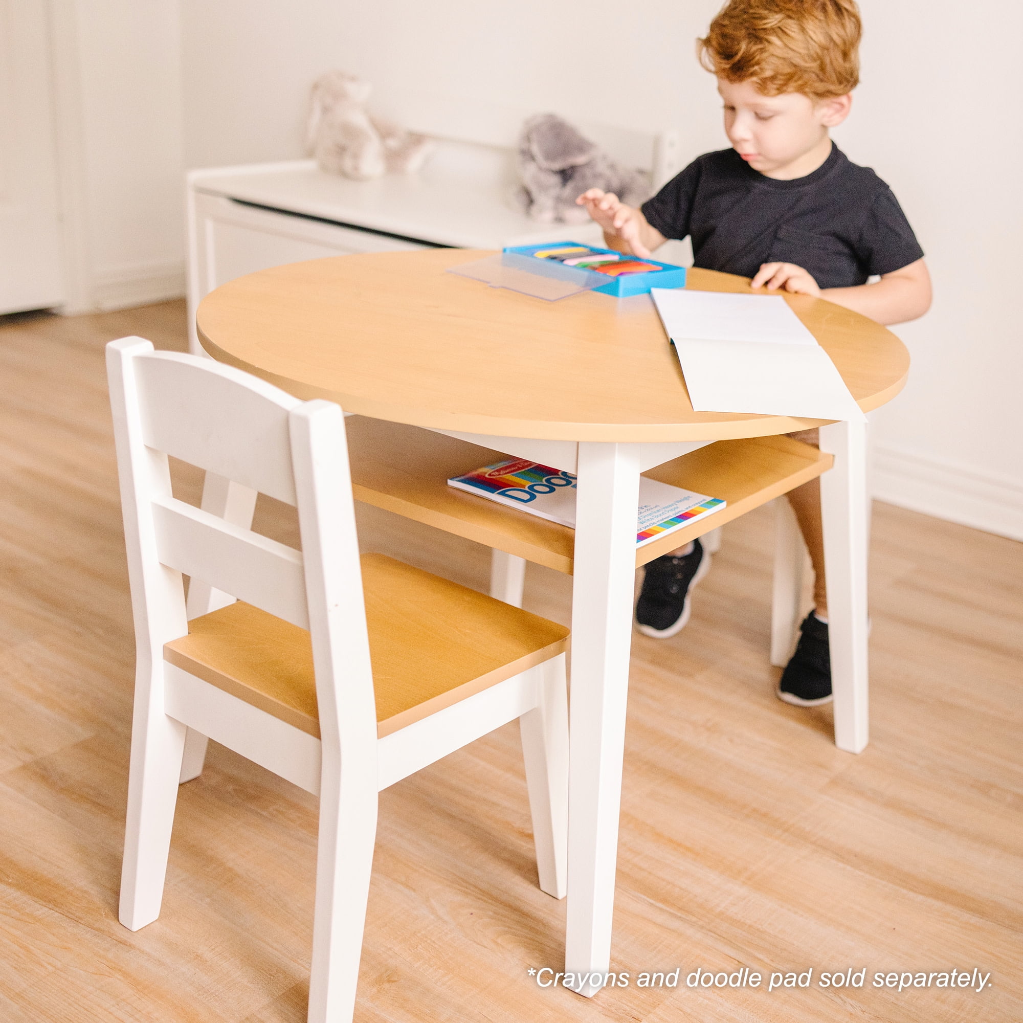 Melissa & Doug Wooden 3-Piece Kids Round Activity Table and Chair Set, Light Woodgrain/White