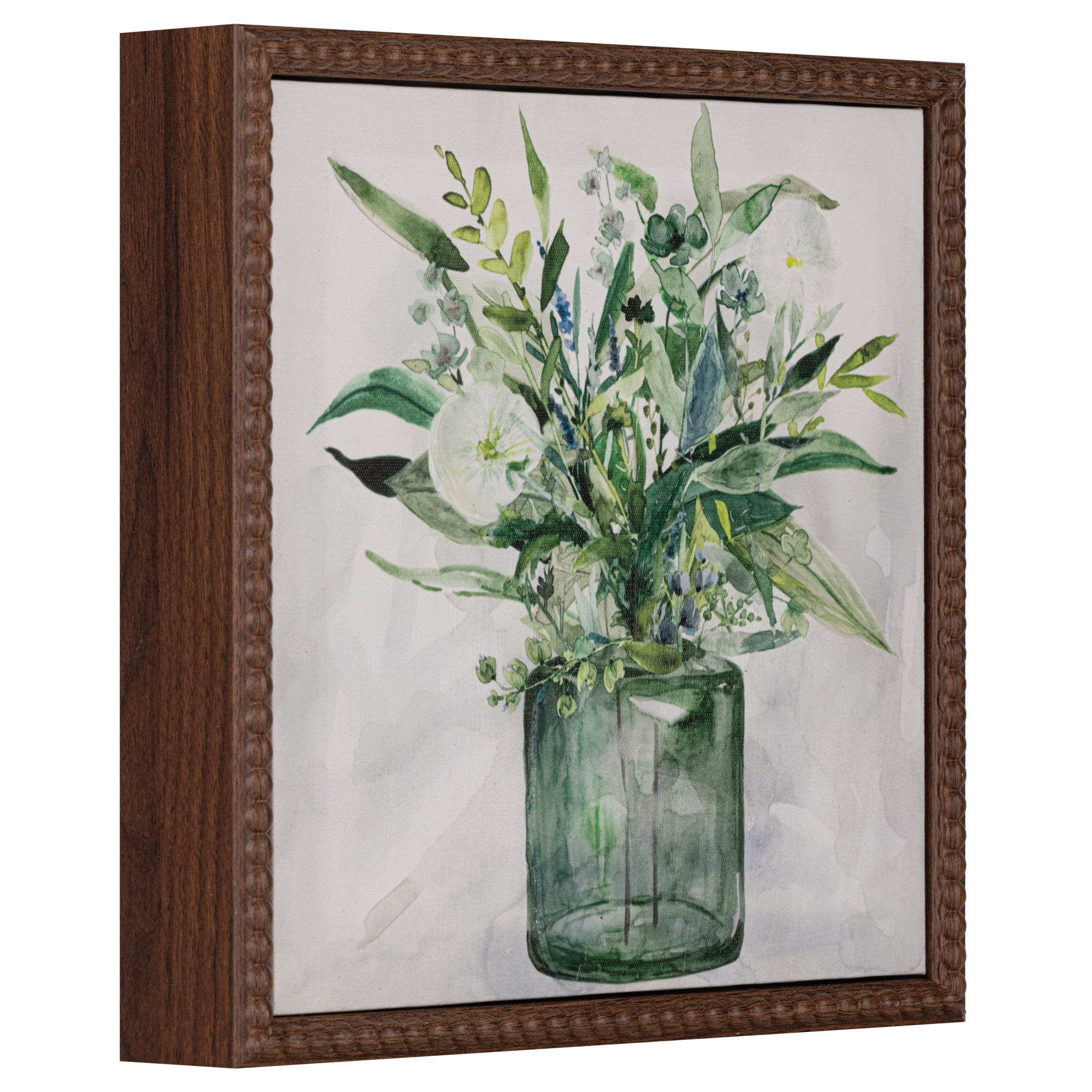 Gallery Solutions Set of 2 Framed Greenery in Vases Canvas Art - 10x10 Floral Farmhouse Prints, Beaded Frame and Hand-Painted Embellishments