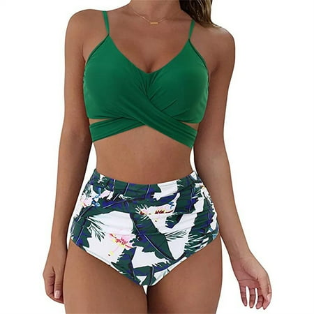 

Lastesso Ladies Boho Printed Swimwear Two Pieces Wrap Corset High Cut Swimsuit Set Aesthetic Bikini Underwear for Vacation