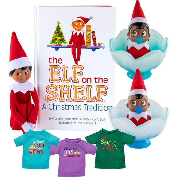 The Elf on The Shelf Bundle: Scout Elf Boy Dark Tone, Boy & Girl Dark Tone Frost Pips and 3 Elf T-Shirts