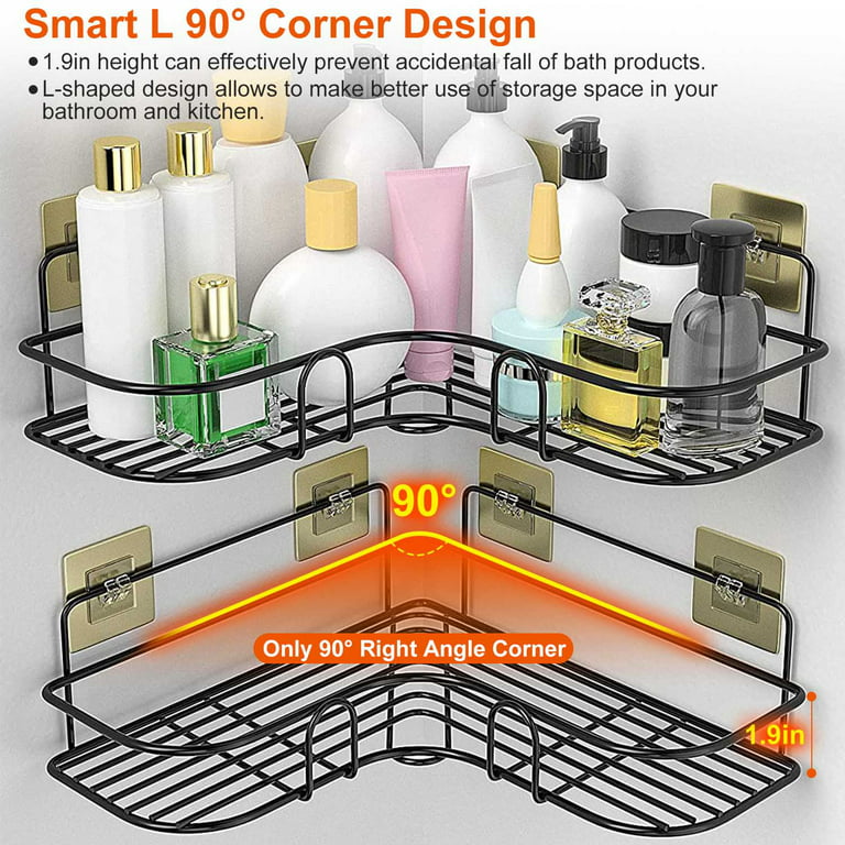 Inova 2pcs Corner Shower Caddy Shelves Wall Mounted Basket Rack Bathroom Shampoo Holder Storage Organizer with 8pcs Adhesive Hooks for Toilet Dorm