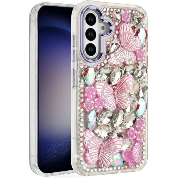 For Samsung S23 Lavished Floral Butterfly Bling Stones Hybrid Case - Purple