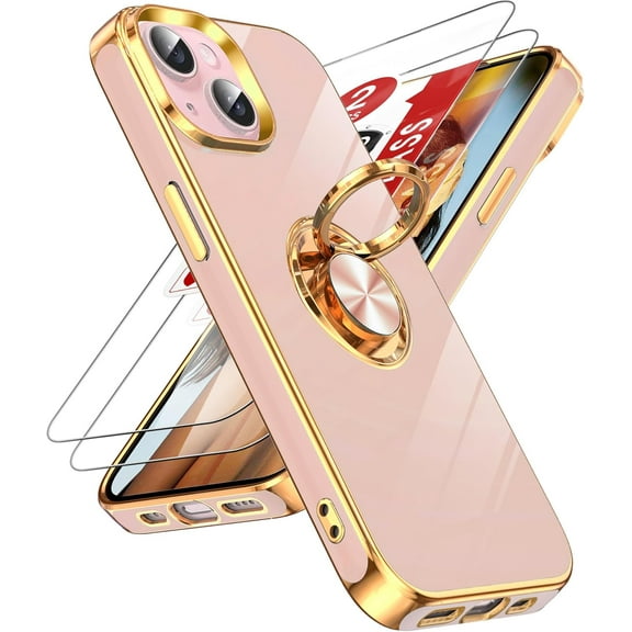 for iPhone 15 6.1 Phone Case: with Tempered Glass Screen Protector [2 Pack] 360° Rotatable Ring Holder Magnetic Kickstand, Plating Rose Gold Edge Protective iPhone 15 6.1 Case, Pink