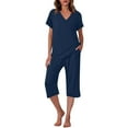 thumbnail image 5 of VBTAPA Women's Sleepwear Capri Pajama Sets Short Sleeve V Neck Tops and Capri Pants 2 Piece Pjs Solid Color Lounge Set with Pockets Navy XXL, 5 of 8