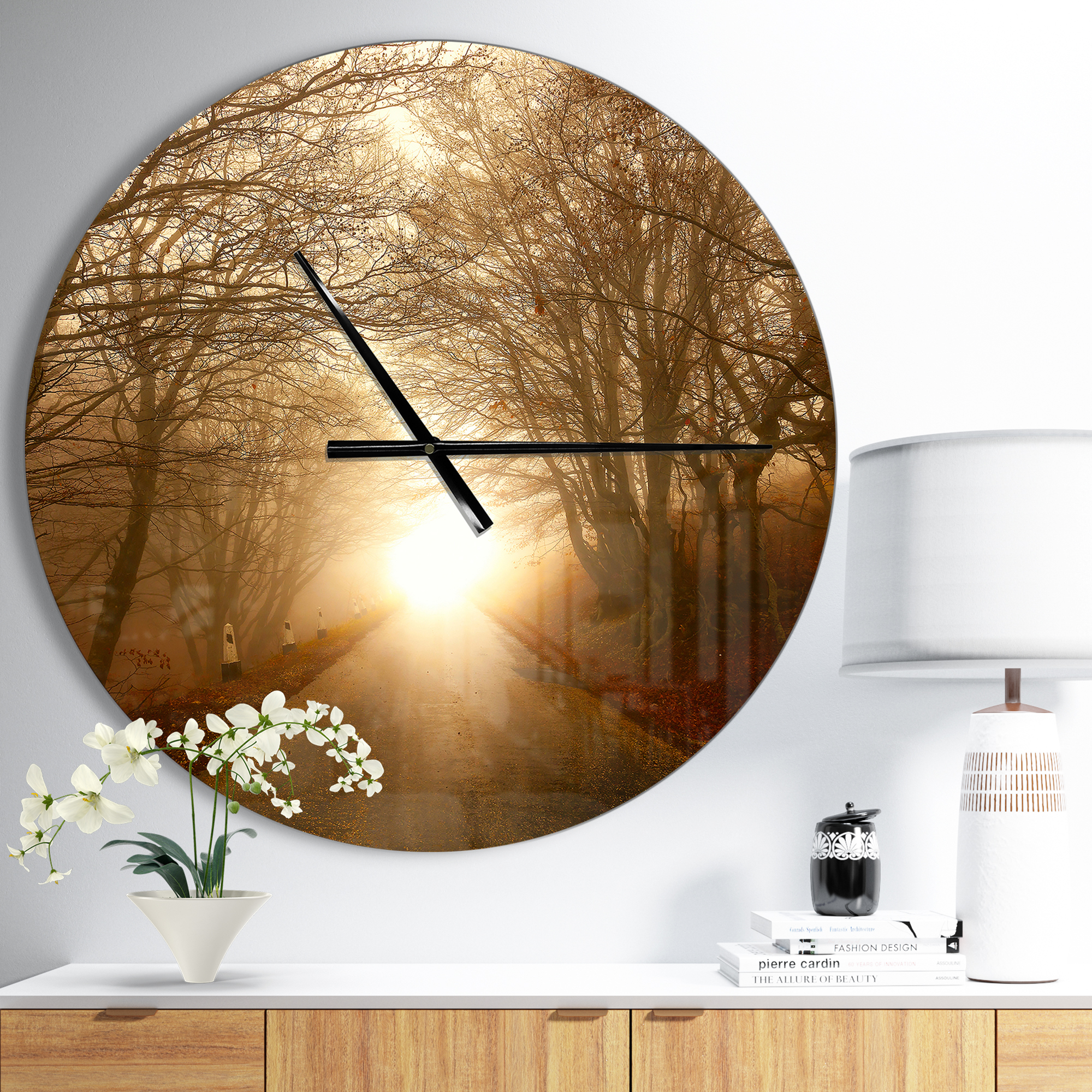 Designart 'Path to Sunlight in Autumn Forest ' Modern wall clock