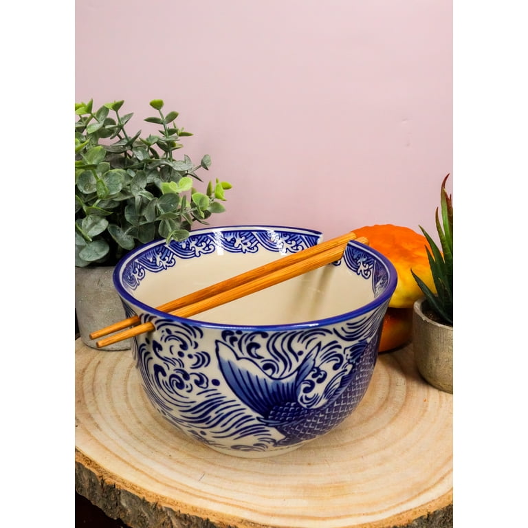 Japanese Ceramic Bowls Set Of 6 With Spoons - 28oz Large Soup Ramen Noodle Bowls, Floral Striped Pattern, Dishwasher & Microwave Safe