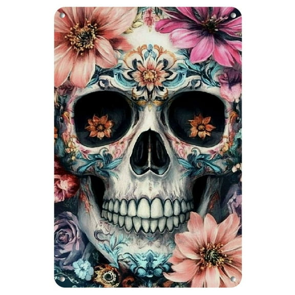 Retro Charm, Skull & Flowers Vintage Iron Wall Sign - Reusable, Multipurpose Decor for Home & Bar, 8x12 Inches