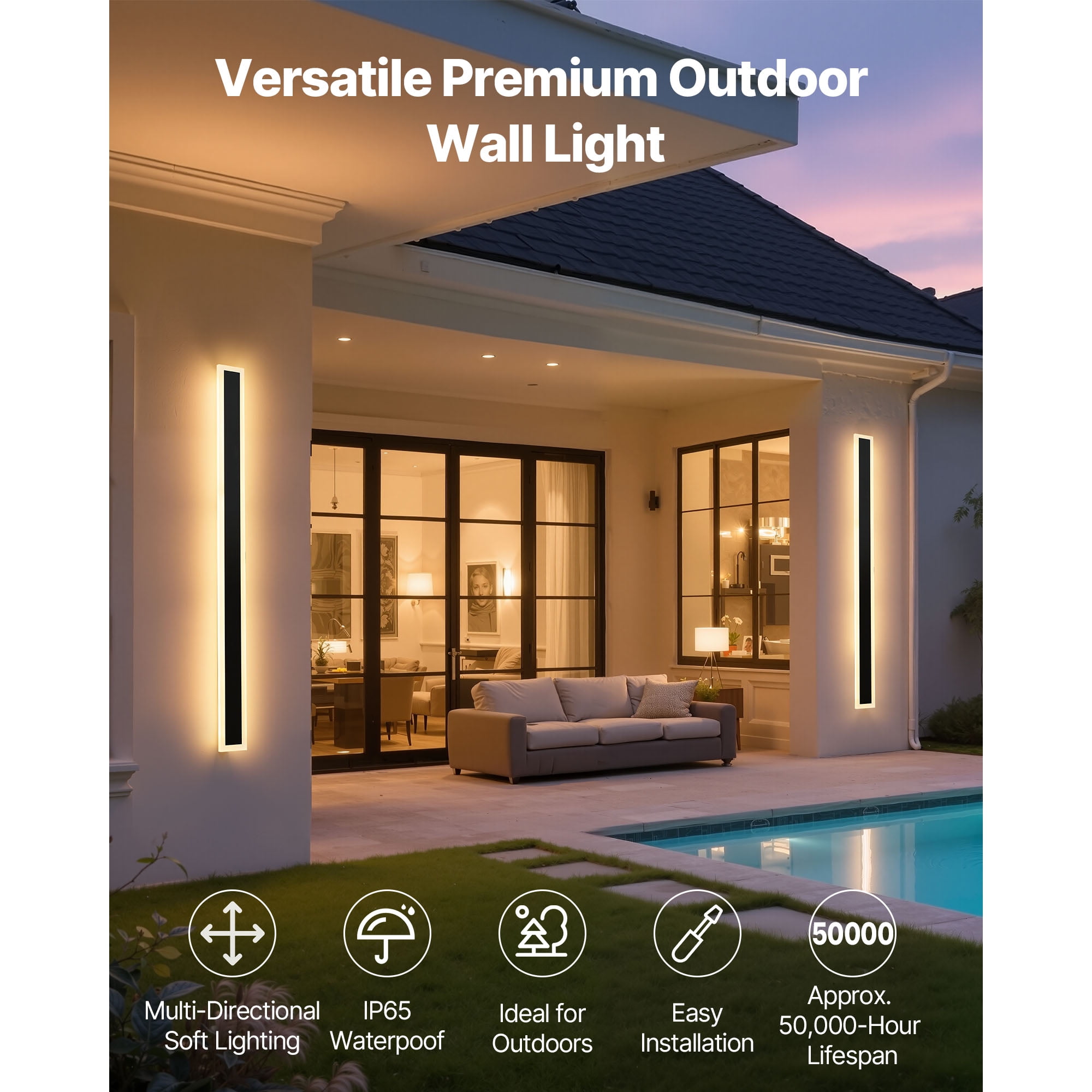 KFFKFF Outdoor Wall Lights, Set of 2, 39.4-Inch Modern Vertical Wall Sconce Light Fixtures, 3000K Warm White, IP65 Waterproof and Rust-Resistant, Ideal for Home, Porch, or Garage