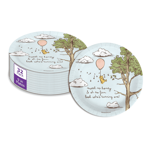 Pooh Bear First Birthday - 32 Piece Disposable Party Supplies - Decorations for Animal 1st Birthday Round Party Plates - Large 9" Paper Plates In Bulk