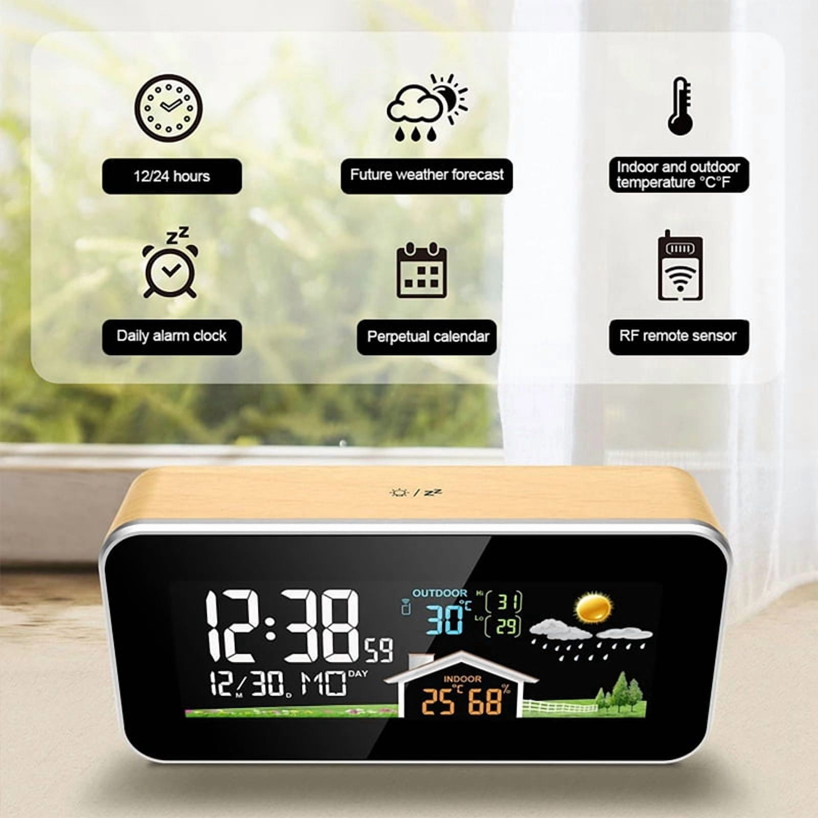 Wireless Weather Station Wooden Alarm Clock Digital Thermometer Humidity Temperature Wireless Sensor Home Desktop Watch