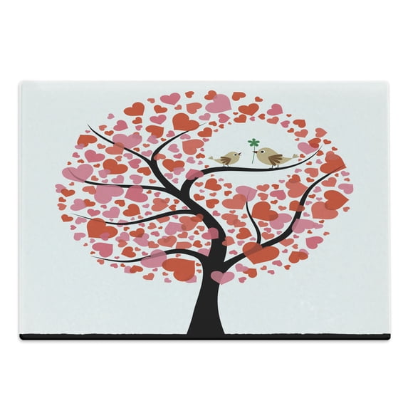 Animal Cutting Board, Birds in Tree Flirting Greeting in the Nature Romance Relationship Season Print, Decorative Tempered Glass Cutting and Serving Board, Large Size, Red White Black, by Ambesonne