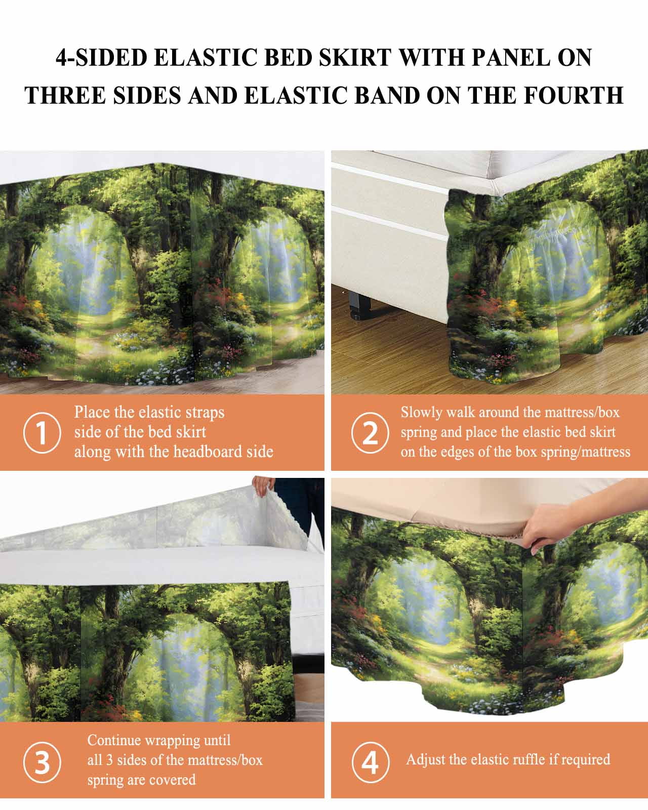 Spring Forest Bed Skirt Queen Size 16 Inch Drop, Spring Green Trees Floral Grass Plant Forest Adjustable Elastic Dust Ruffles Bedskirt for Queen Bed Wrap Around Pleated Mattress Frame Cover
