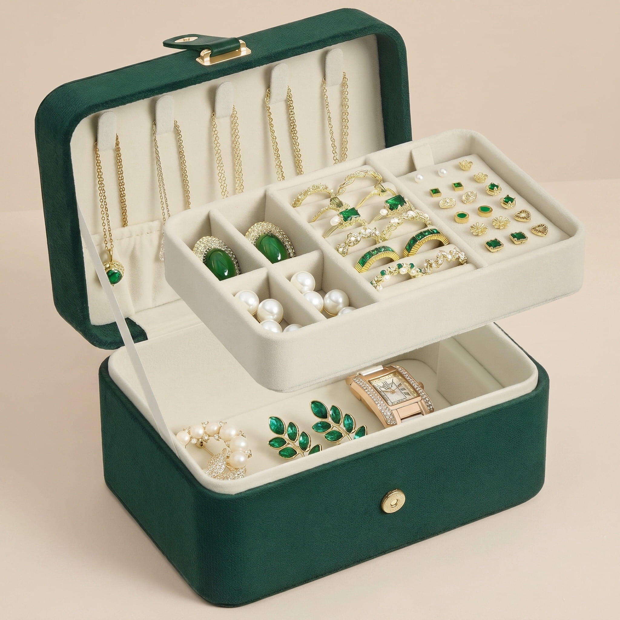 Nordic Hygge 2-Layer Portable Travel Jewelry Case, Retro Green Luxe Organizer