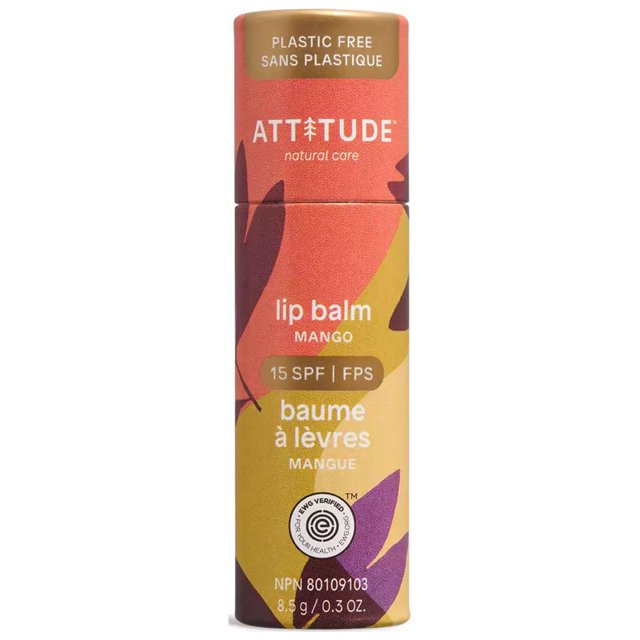 ATTITUDE Bálsamo labial sin plástico con protección solar SPF 15 EWG Ingredientes a base de plantas y minerales verificados Mango vegano y libre de crueldad animal 0.3 Oz