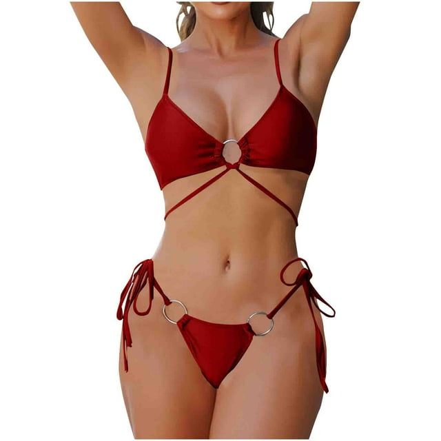 KIHOUT 2025 Women's Triangle Thong Backless Strap Bikini Set Sexy String Two Piece Swimsuit Cute Bathing Suit for Beach Pool Party