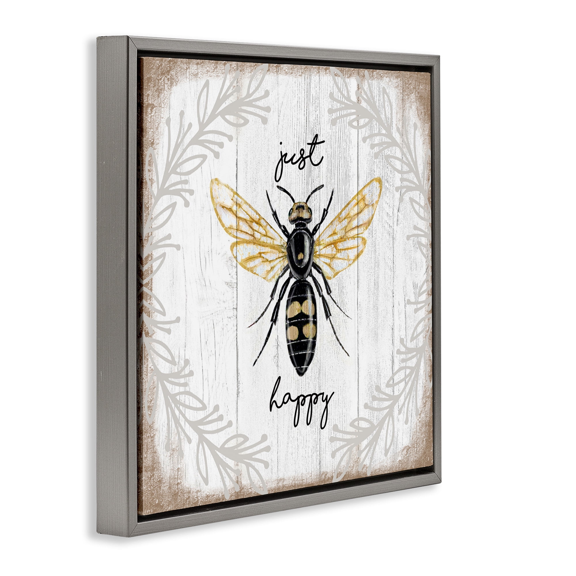 Stupell Industries Just Be Happy Charming Bee Animals & Insects Painting Gray Floater Framed Canvas Art Print Wall Art, 18 x 18
