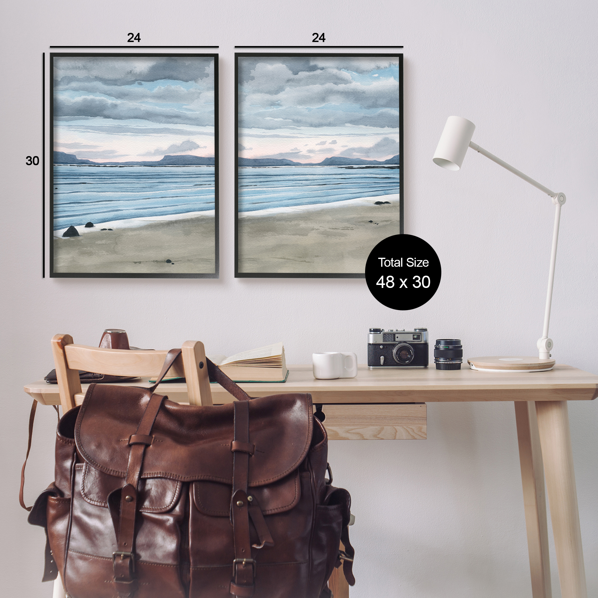 Stupell Cloudy Summer Beach Shore Watercolor Landscape Painting Black Framed Art Print Wall Art, Set of 2