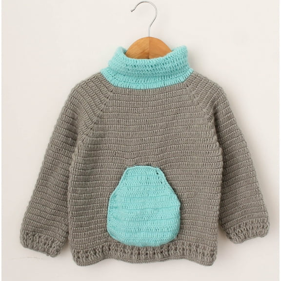 Woonie Handmade Full Sleeves Centre Pocket Detailing Sweater-Grey