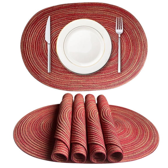 6 pcs Oval Braided Placemats Non-Slip Oval Table Mats for Dining Tables Washable Heat Insulation Woven Placemats Indoor Outdoor for Family Holiday Dinner, Red
