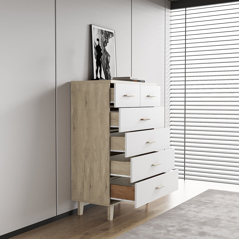 Kadyn 4+2 Drawers Cabinet, Modern Storage Cabinet with Solid Wood Feet, Drawer Dresser for Living Room, White Kadyn 4+2 Drawers Cabinet, Modern Storage Cabinet with Solid Wood Feet, Drawer Dresser for Living Room, White