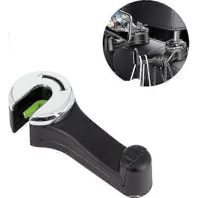 Gancho oculto 2 en 1 para reposacabezas de coche, con soporte para teléfono, para asiento trasero y bolso, color negro y plateado (1 unidad, 14,5 x 6 x 4 cm)