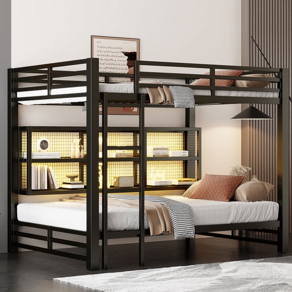 Queen over Queen Bunk Bed with Storage Cabinets & LED Lights**, Space-Saving Metal Frame for Teens/Adults, Noise-Reduced, No Box Spring Needed, Black