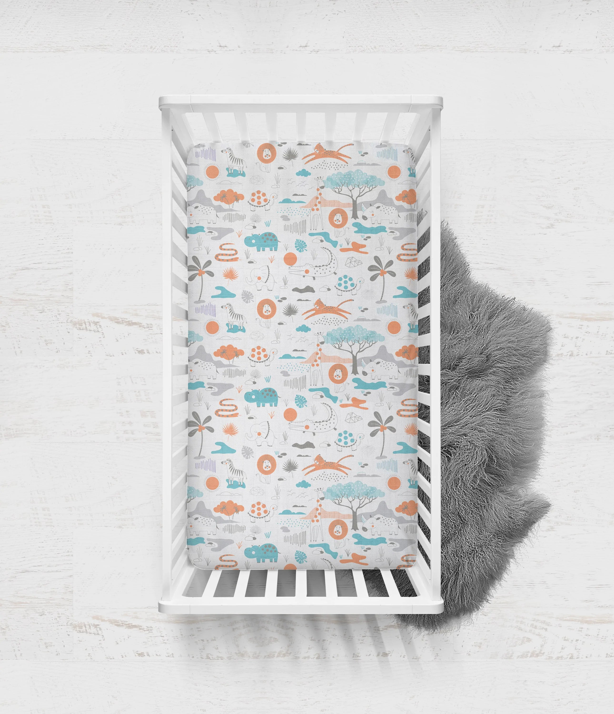 Bacati - Jungle Safari 4-Piece Muslin Crib Bedding Set with 2 Crib Sheets - Aqua Orange Gray Boys