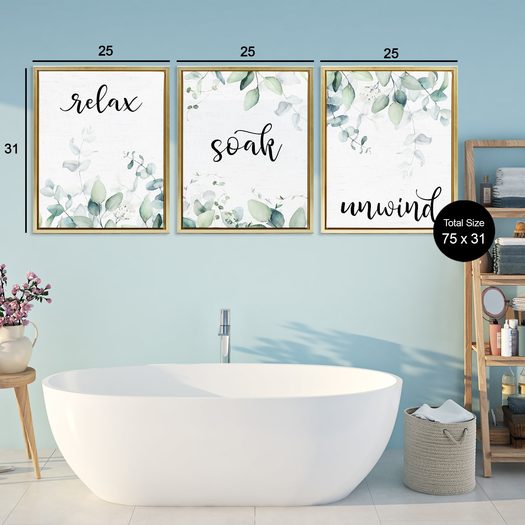 Leafy Bathroom Herbs 3 Piece Gold Framed Floater Canvas Set, design by Lettered and Lined