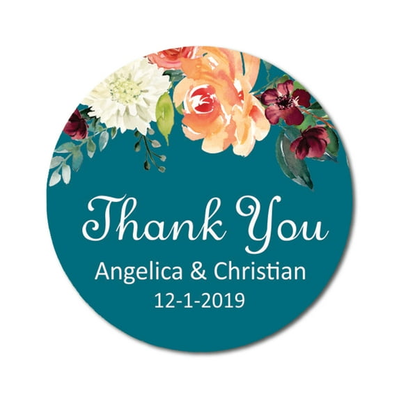 Darling Souvenir Round 45 Pcs Floral Thank You Stickers Wedding Personalized Bride Groom Names And Date Envelope Seals-Teal Blue