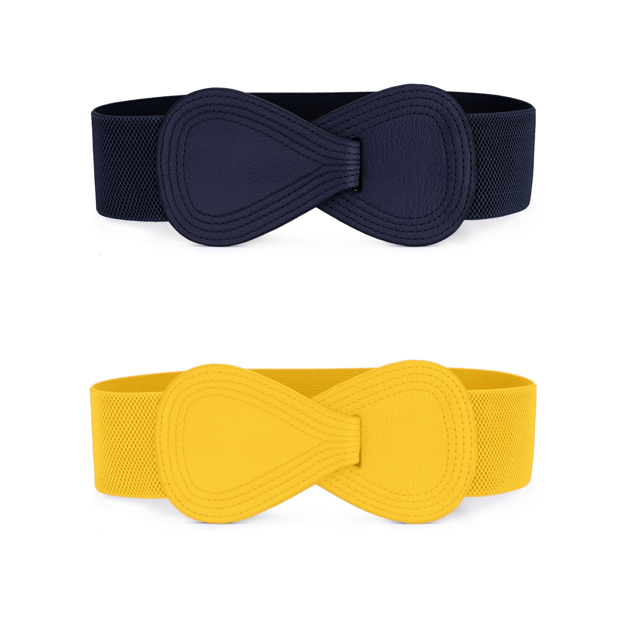 INSPIRE CHIC Women s Elastic Waist Belt Interlock 8-shaped Faux Leather Stretchy Dress Belts 68.6cm/27 Yellow & Navy Blue