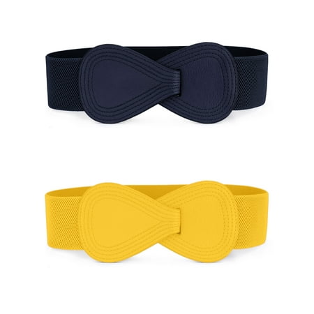 INSPIRE CHIC Women s Elastic Waist Belt Interlock 8-shaped Faux Leather Stretchy Dress Belts 68.6cm/27 Yellow & Navy Blue