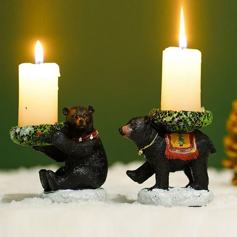 Black Bear Candle Holder Wishing Candlestick Statue Retro Sculpture Votive  Figurine Craft Ornament Candle Stand for Christmas Thanksgiving Halloween