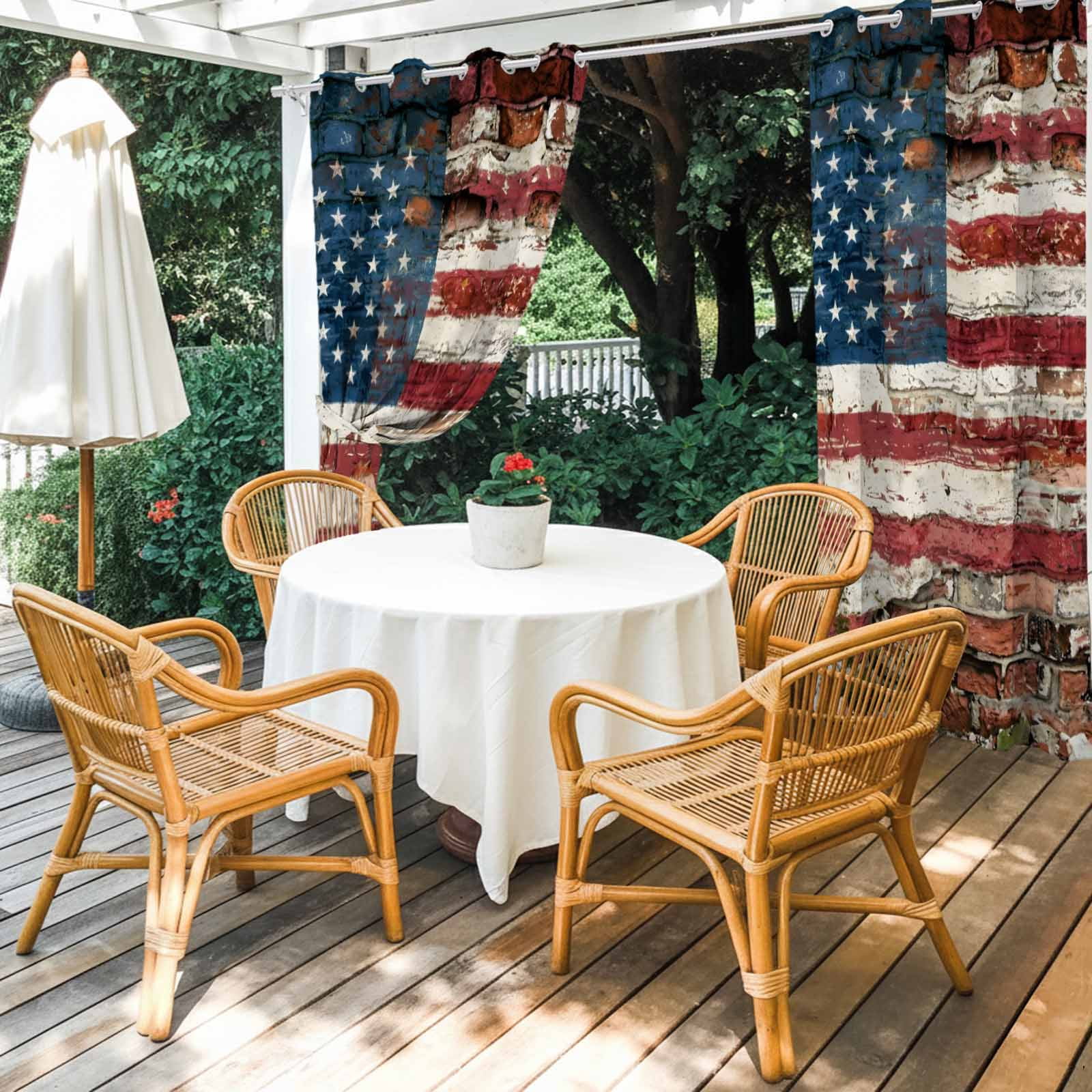 Independence Day Outdoor Curtains for Patio, Retro American Flag Star Brick Wall Stripes Sunshade Privacy Drapes Grommet Waterproof Outside Curtains for Porch/Cabana/Balcony 54"x 108", 1 Panel