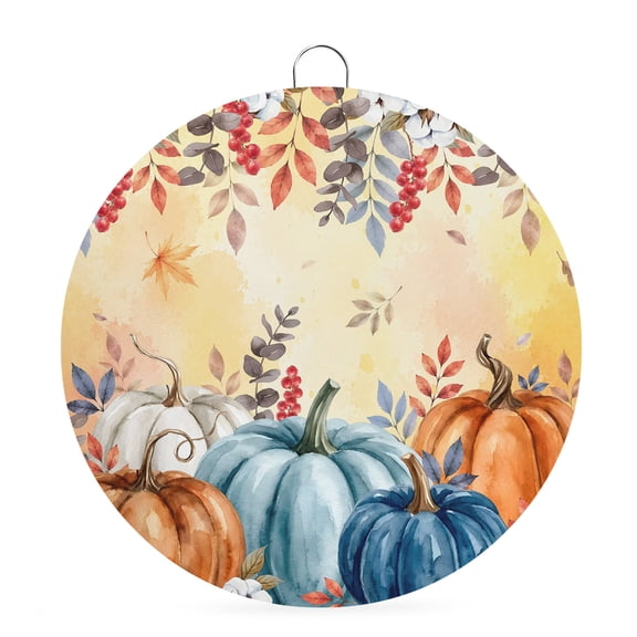 Welcome Sign Front Door Decorations, Orange Blue Fall Round Wall Art Outdoor Metal Wreaths, Thanksgiving Pumpkins Leaves Ombre Seasonal Hanging Sign for Home Porch Decor Warming Gift 6 In