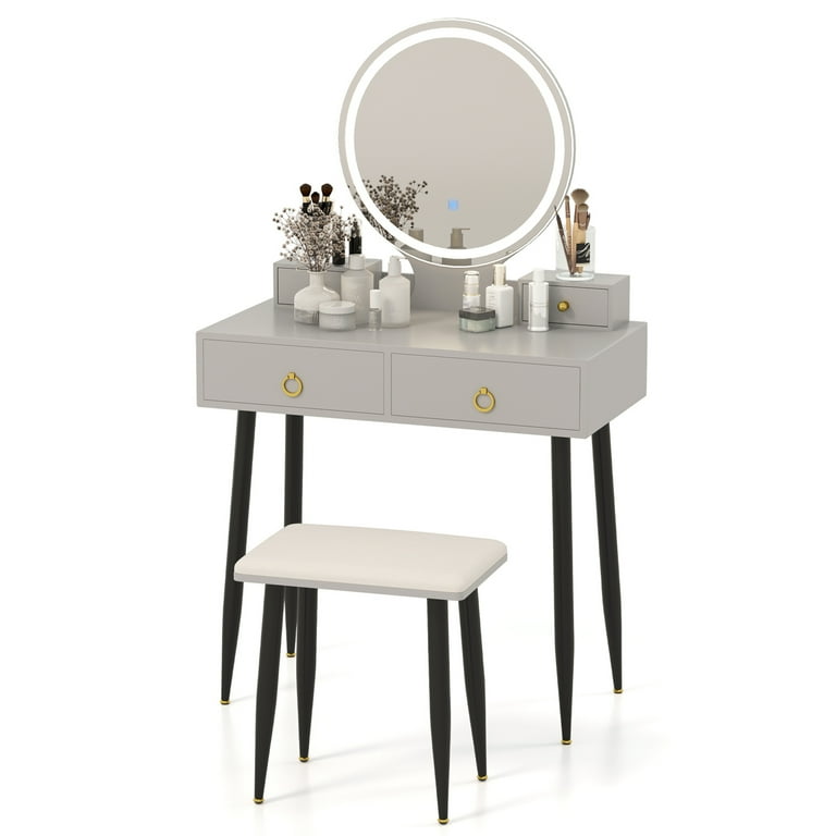 dressing table with mirror grey Modern gray makeup table set with side cabinet, vanity table with mirror and stoolHomary