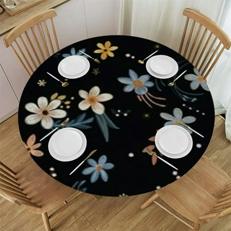 

Xllo0ord Seamless Small White Flowers with Fern Leaves on Black Round Table Cover with Elastic Edge Bands Waterproof Square Table Cloths for Party Home Kitchen Dining Wedding 46 -50
