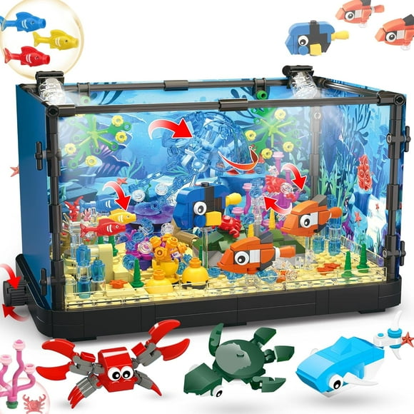 Fish Tank Building Block, Lighting Aquarium Compatible with Lego Sets for Adults and Kids Including Ocean Jellyfish, Crab, Fish, Animal Building Toys for Boys Age 8-12, 725pcs