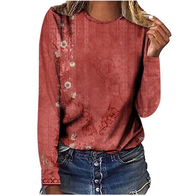 Qertyioot Plus Size Tops pour les Femmes, Femmes Imprimé en Vrac à la Mode à Manches Longues Col Rond Pull