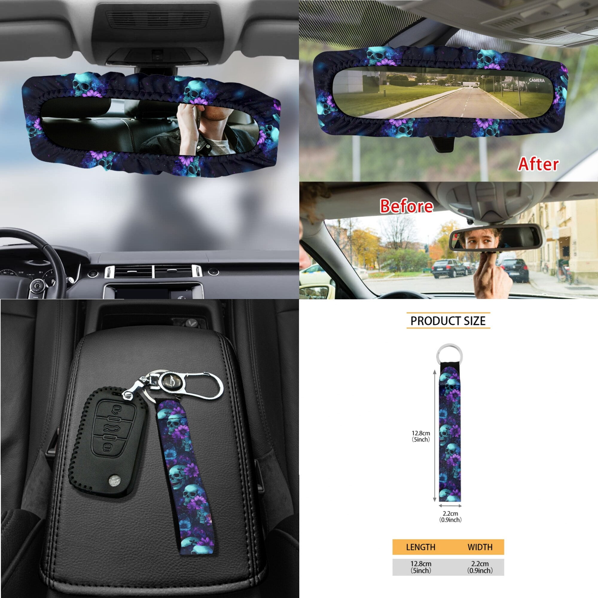 LedBack Skull Flower Print Car Seat Cover Sets Full Set Universal Car Front Back Seat Cover Safety Belt Pads Rear View Mirror Protector Trash Can Cup Cushions for Truck SUV Sedan