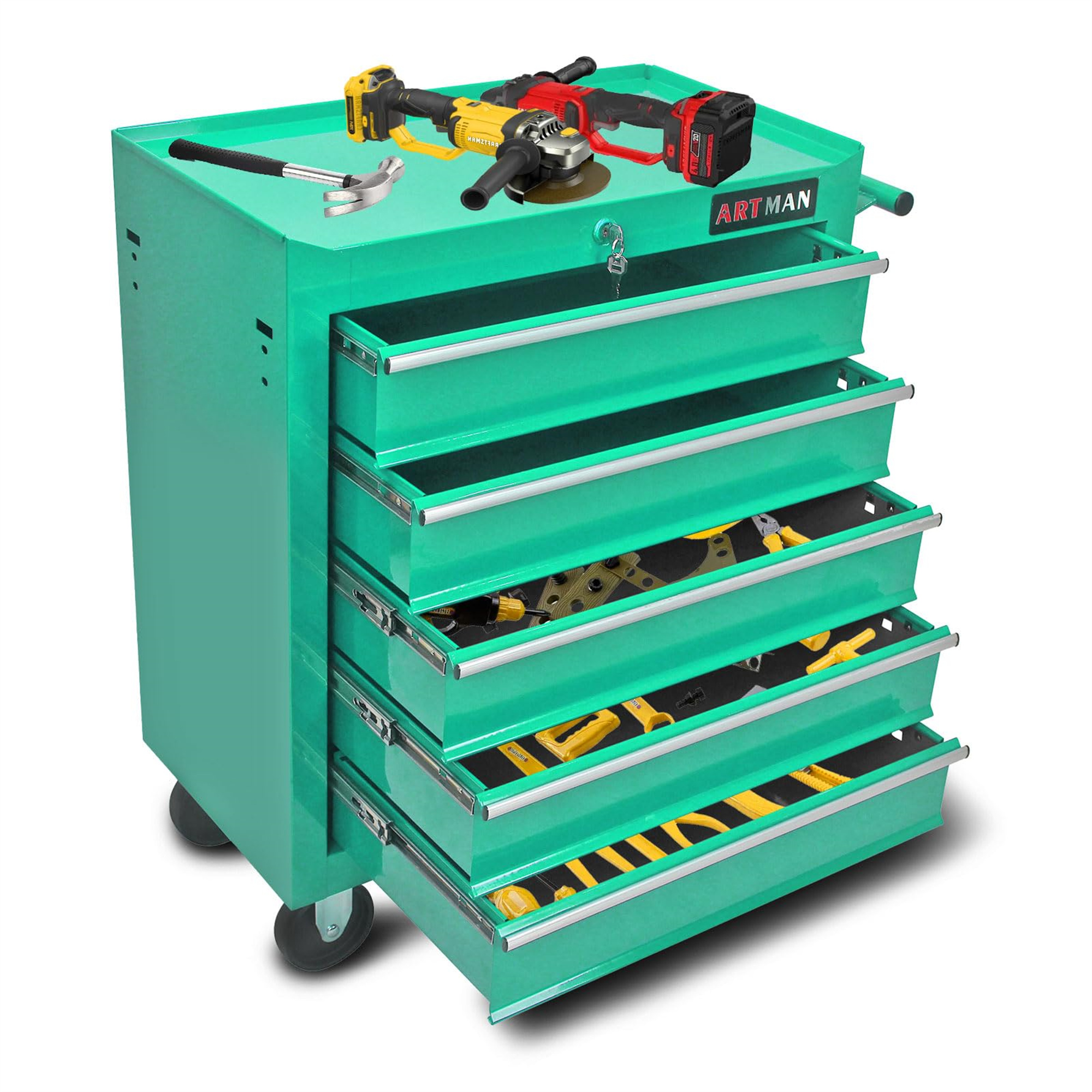 Aukfa Tool Chest, 5-Drawer Steel Rolling Tool Box on Wheels for Workshop Garage, Green