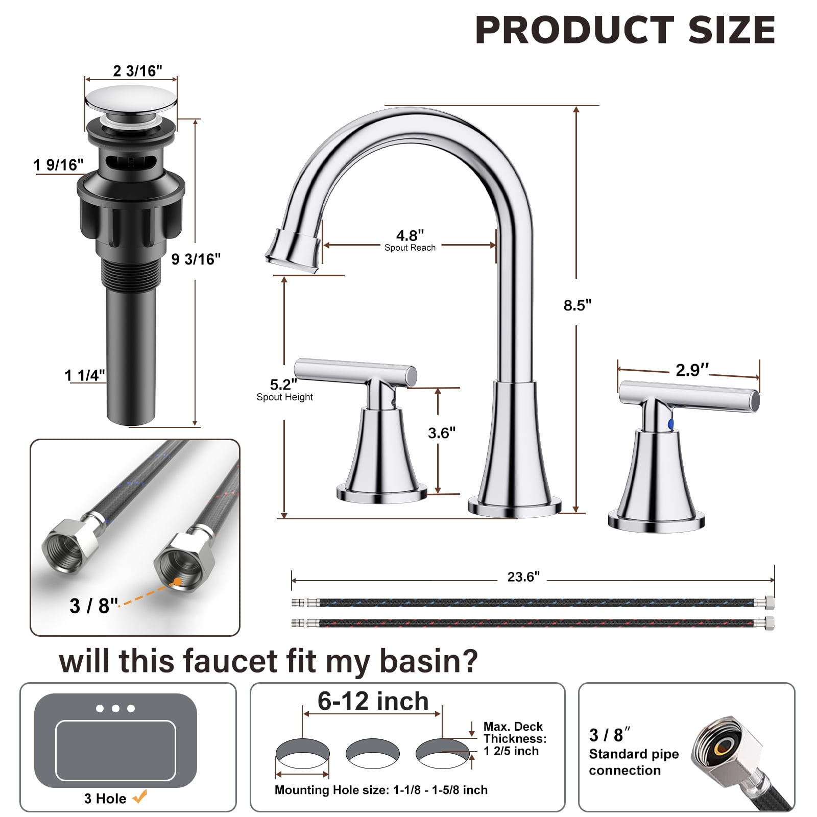 KINGTACK Bathroom Faucet for Sink 3 Hole, Chrome Bathroom Faucets with Pop-up Drain and Supply Lines, 2 Pack