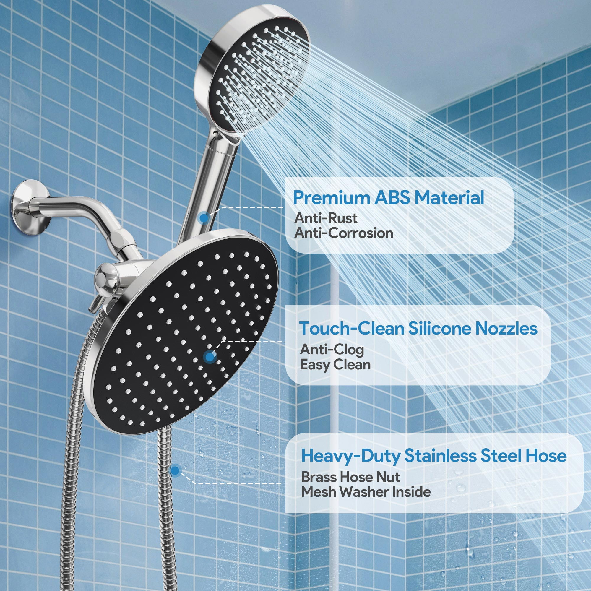 Qunler Dual Shower Head with Filter, 6 Modes 3-Way Rainfall High Pressure Showerhead with Handheld Combo 72" Long Hose, Black