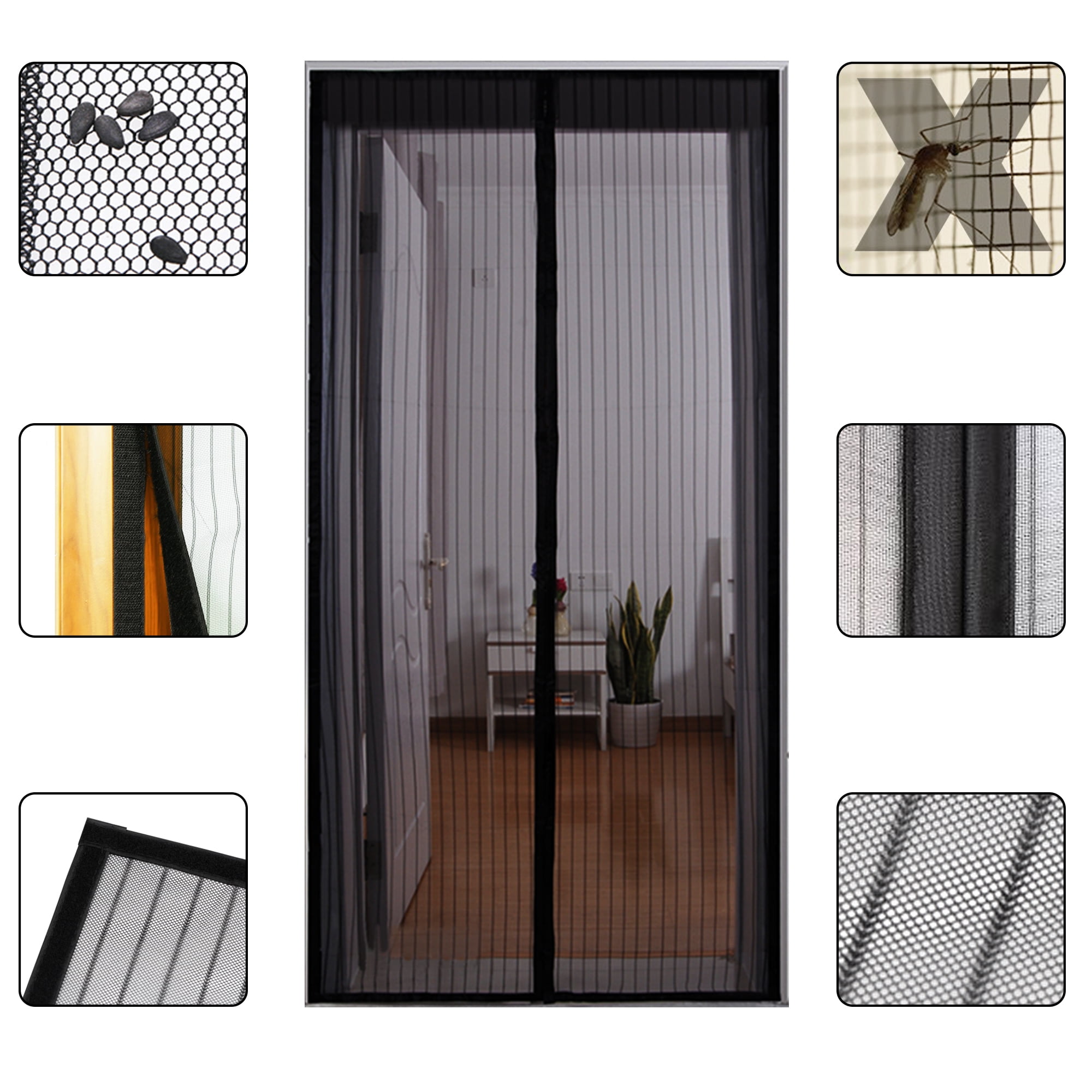 Pets Friendly Heavy Duty Kit Mosquito Strip Door Curtain Netting Mesh up to 95x220 with Sticky Velcro. Screen Door Four Pieces Curtain Anti Mosquito Bug Fly Insect