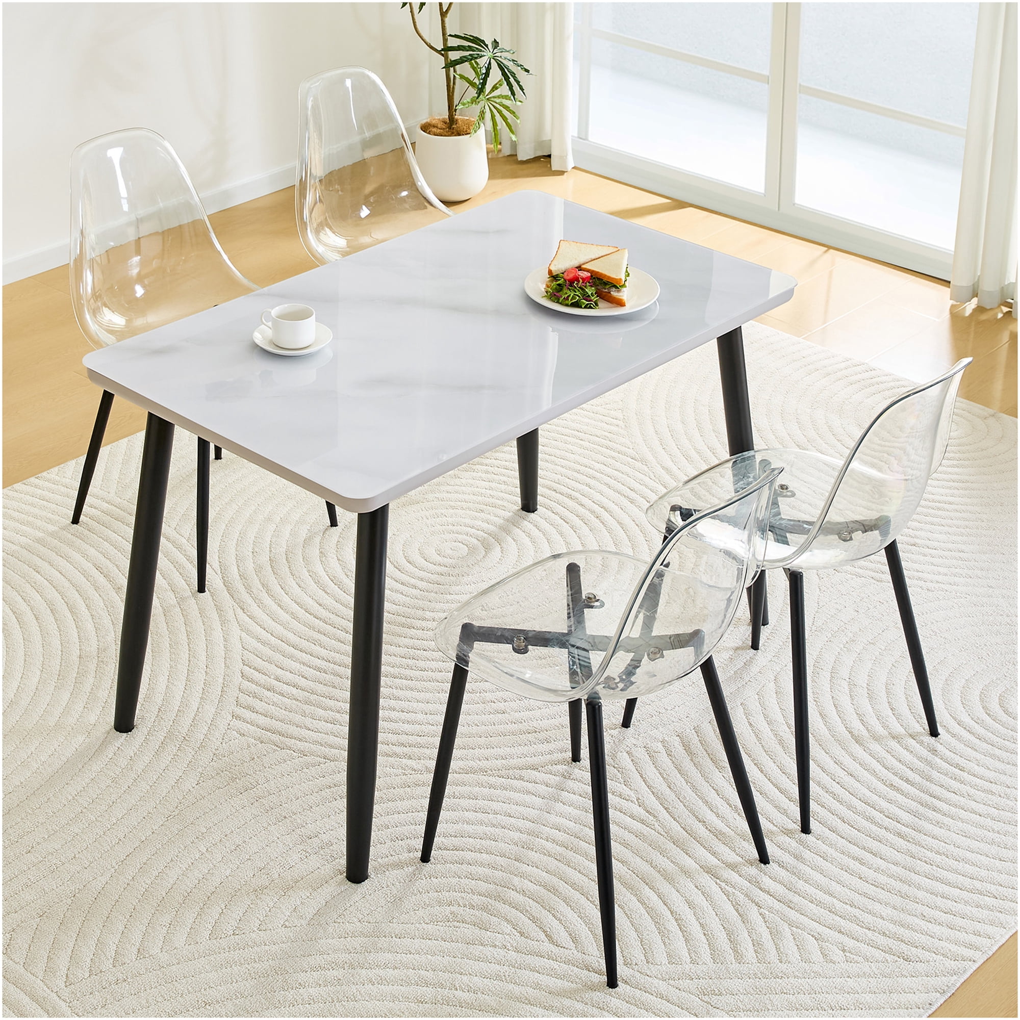 JERFIT Modern Dining Table Set for 4 with Tempered Glass Top and Transparent Chairs Black Metal Legs White Rectangular Kitchen Table for Small Space Apartment Breakfast Nook